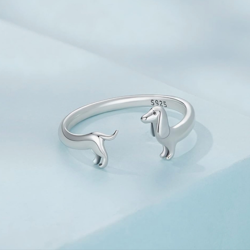 925 Sterling Silver Cute Dashuand Dog Animal‎ Open Adjustable Ring Gold Plated